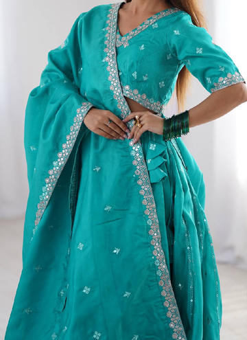 Silk Sequence Embroidery Rama Green Lehenga Choli With Dupatta